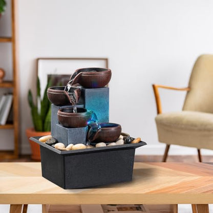 Tabletop Fountain 4 Level Small Waterfall Fountain Indoor Relaxing Water Feature Meditation Fountain for Home Office Bedroom Decoration Including LED Lighting Natural Rocks as Festival Gifts