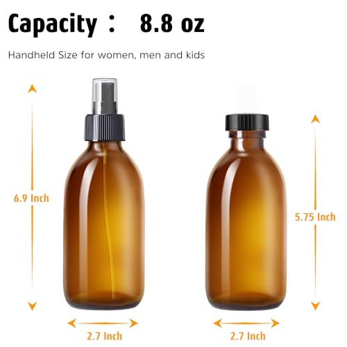 Amber Glass Spray Bottles 8.8 oz, 2 Pack Empty Spray Bottle for Cleaning | Empty Glass Spray Bottles for cleaning, Plants, Pets, Hair, Durable Spray Nozzle, Fine Mist, Labels, Funnel, Pipettes - color: 8.8 oz Amber