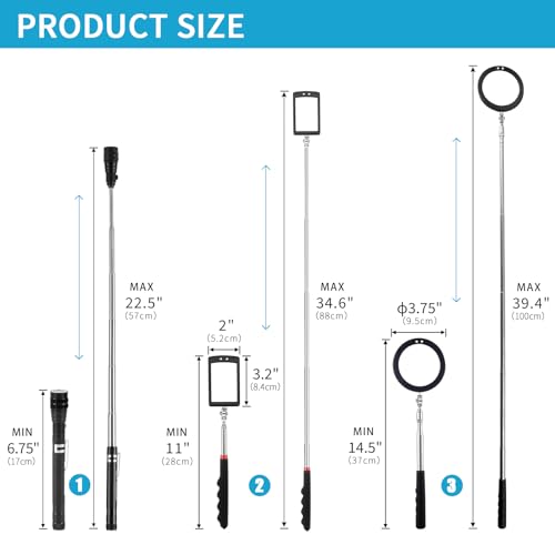 3 Pack Telescoping Inspection Mirrors LED Light & Magnet Flashlight Pickup Tool Set, Large 3.75" Round, 3.3" Square Mirror, for Inspection Viewing, Mechanic Checking, Observation - style: Inspection Mirrors & Magnet Flashlight