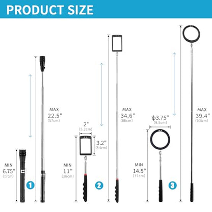 3 Pack Telescoping Inspection Mirrors LED Light & Magnet Flashlight Pickup Tool Set, Large 3.75" Round, 3.3" Square Mirror, for Inspection Viewing, Mechanic Checking, Observation - style: Inspection Mirrors & Magnet Flashlight