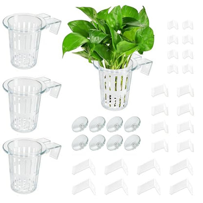 4 Pack Aquarium Plant Holder for Live Plants, Fish Tank Pothos Basket | with 24 Adjustable Hooks (3 Sizes) & 8 Suction Cups, Aquatic Planter for Aquascape Decorations, Emersed Plant Support