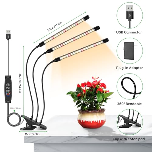 LED Grow Lights for Indoor Plants, 3Heads Grow Lights for Seed Starting, 10 Dimmable Levels & 3 Timer Modes (3/9/12H), Adjustable 360° Gooseneck with Clip, Plant Grow Light 2 Pack