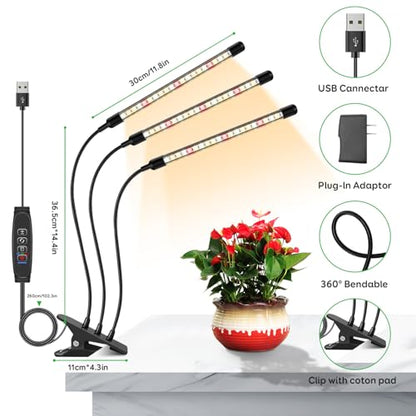 LED Grow Lights for Indoor Plants, 3Heads Grow Lights for Seed Starting, 10 Dimmable Levels & 3 Timer Modes (3/9/12H), Adjustable 360° Gooseneck with Clip, Plant Grow Light 2 Pack