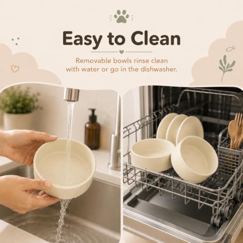 Havniva Raised Cat Bowl 5.1” Elevated Ceramic Cat Food and Water Bowl Set | Cat Bowls Elevated, Whisker Friendly Cat Bowl, Non-Slip Wood Stand, Food-Grade Ceramic, Wide Opening, Dishwasher Safe - color: Light Yellow, size: 2 Bowls+Tray - 5.1"