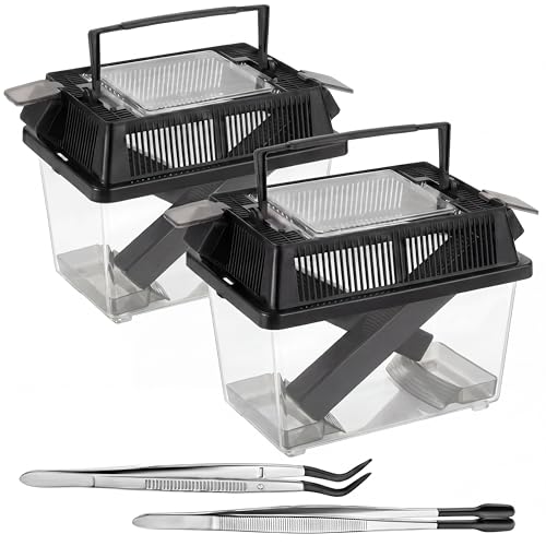 Cricket Keeper with Feeding Kit Transparency Cricket Keeper with Tubes Includes Feeding Tongs and Curved Tweezers Insect Breeding Box for Gecko Snake Lizards (2 Pack,7.09 x 4.33 x 6.3 Inches) - size: 7.09 x 4.33 x 6.3 Inches