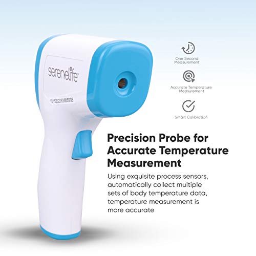 Serenelife Thermometer For Adults Non-Contact Infrared Thermometer Gun, Fast Accurate Readings, High-Fever Temperature gun Alert with 3-in-1 Readings