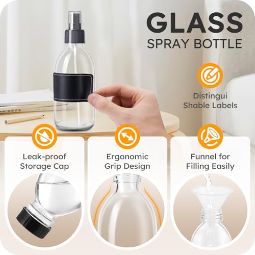 2 Pack Glass Spray Bottles 8.8 oz, 250ml Empty Spray Bottle(Black Nozzle) | Empty Glass Spray Bottles for cleaning, Plants, Pets, Hair, Labels, Funnel, Pipettes - color: 8.5 oz Clear-Black Lids