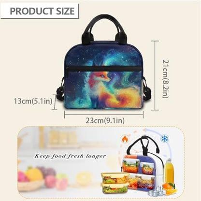 Fox Lunch Box for Girls Galaxy Lunch Bag Back to School Lunchbox Portable Outer Space Insulated Lunch Tote Bag Picnic Starry Night Lunch Boxes with Shoulder Straps Lunch Container - color: Fox Galaxy
