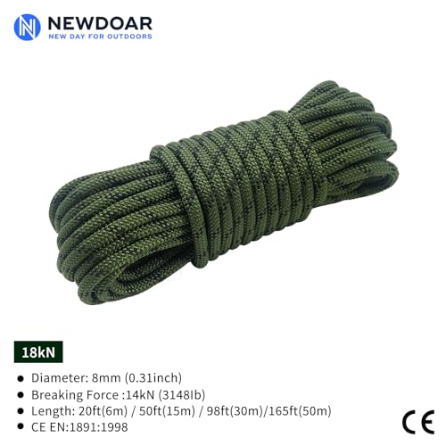 Static Climbing Rope - 8mm (5/16c) / 10mm (3/8”) Double Braid Accessory Cord for Rock,Hauling, Prusik, Survival - Pre-Cut 20FT, 50FT, 100FT, 165FT Lengths - Outdoor, Fire Rescue Equipment - color: Armygreen, size: 5/16 in x 20 ft