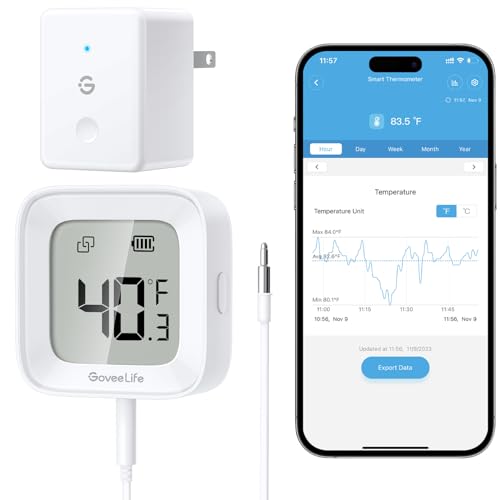 GoveeLife WiFi Refrigerator Thermometer 1-Pack with Gateway & LCD Display | Freezer alarm fridge monitor with app alerts & anti-false, 197ft range, 2-yr data export. For freezer/fish tank/hot tub - style: BT Gateway+1 Sensor