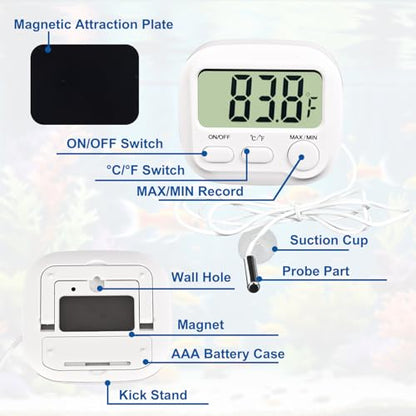 Digital Aquarium Water Thermometer with Large LCD Screen, Measurement Range -58℉ to 572℉, Display ±1℉/±0.5℃, Fish Tank Decoration Accessories, Idea for Reptile, Aquatic, Tub, Refrigerator and Freezer