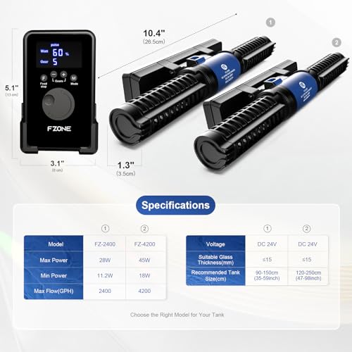 FZONE Aquarium Wave Maker, 24V DC Gyre Wavemaker with LCD Display Controller, Adjustable Cross Flow, Quiet Powerhead with Magnetic Mount for Saltwater & Freshwater Tanks (L) - size: L