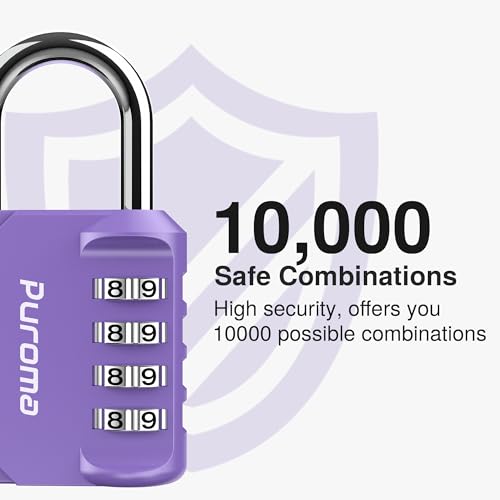 Puroma 1 Pack Combination Lock Locker 4 Digits Combo Padlock Gym Purple | For School Gate Fence Toolbox Hasp Storage, Outdoor, Resettable, Weatherproof, Side Window, Crack Cut Resist, Hardened Steel - color: Purple