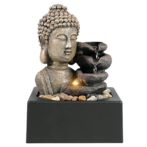 Ferris Island Indoor Table Waterfall Resin Fountain with LED Warm Light | Resin indoor tabletop waterfall meditation Buddha fountain suitable for office, home, and bedroom tabletop decoration - color: Buddha Statue