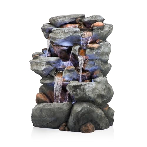 Alpine Corporation WIN1068 Outdoor Floor Rock Water Fountain with LED Lights, 5-Tier Rock Waterfall Fountain 54", Dark Brown - style: 54" H - 5-Tier Cool White LEDs