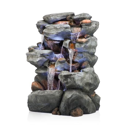 Alpine Corporation WIN1068 Outdoor Floor Rock Water Fountain with LED Lights, 5-Tier Rock Waterfall Fountain 54", Dark Brown - style: 54" H - 5-Tier Cool White LEDs