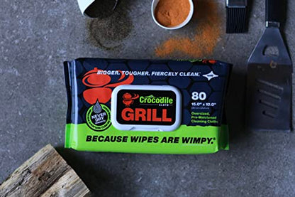 Crocodile Cloth Grill Food Safe Cleaning Wipes, 8 Packs, 640 Count | Safe on Skin & Multiple Surfaces, Infused with Aloe & Vitamin E, Large, Pre-Moistened & Absorbent - size: 80 Count (Pack of 8)