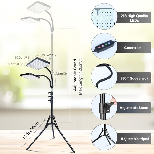 2Head Grow Light with Stand, 50 Watt Grow Lights for Indoor Plants, Natural Sunlight Full Spectrum Plant Growing Lamps for Tall Houseplants & Bonsai Tree, 4/8/12/16/20H 5-Mode Timer - size: 2Head Stand(50W)