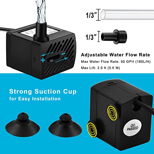 2Pcs Mini Fountain Pump (50GPH 3W), Ultra Quiet Submersible Water Pump for Aquarium, Small Fish Tank, Pet Water Fountain, Tabletop Fountains, Water gardens and Hydroponic Systems