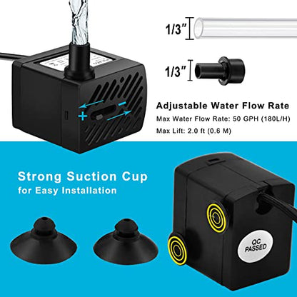 2Pcs Mini Fountain Pump (50GPH 3W), Ultra Quiet Submersible Water Pump for Aquarium, Small Fish Tank, Pet Water Fountain, Tabletop Fountains, Water gardens and Hydroponic Systems