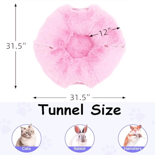 Cat Bed Tunnel Tube Toy Pink Plush | Collapsible Round Tunnels for Indoor Cats, Interactive Toys Play Tubes with Hanging Ball for Kitten, Puppy, Rabbit - color: Pink Plush O