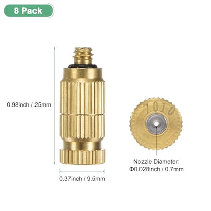 M METERXITY 8-Pack Brass Misting Nozzles, 0.028"/0.7mm Orifice Mister Nozzles Brass, High Pressure Spray Misting Nozzle Head for Outdoor Cooling System/Greenhouse/Landscaping [10/24 UNC] - size: 0.7mm
