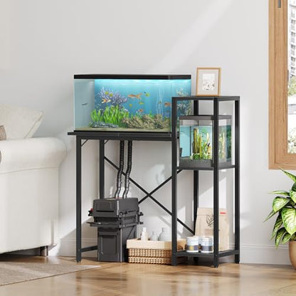 MAHANCRIS 5-10 Gallon Fish Tank Stand with 3-Tier Storage Shelf, Heavy Duty Aquarium Stand for Home Office, Metal Frame Turtle Reptile Terrarium Stand, 30.7" L x 12.6" W x 32.1" H, Black FTBK5201 - color: Black