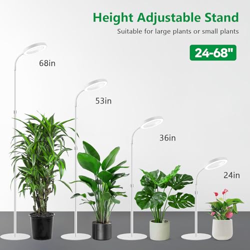 Aumtrly Floor Grow Light Full Spectrum with 68" Stand for Tall Indoor Plant | 80 LED Growing Lamp for Large Plants with 6/12/16H Timer, 5 Dimming, White Halo Design, Adjustable Height, Flexible Gooseneck - size: 1 head 68inch/white