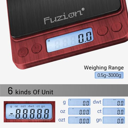 Fuzion Small Gram Scale 3000g, Digital Kitchen Food Scale, Gram and Ounce | Black Titanium Stainless Steel, 0.1g Accuracy, 6 Modes, 2 Trays Included, Tare, Piece Counting, For Food, Coffee, Coins, Herb - color: Wood Grain