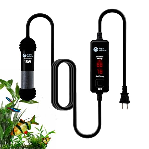 AquaMiracle 15W Small Aquarium Heater Fish Heater, Super Mini Fish Tank Heater Turtle Tank Heater for 1-3 Gal Tanks, with Dual LED Display, Dry-Run/Overheating Protection & Memory Function - size: 1-3 Gal Tanks