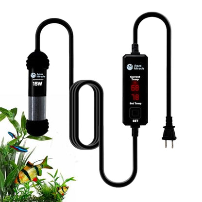 AquaMiracle 15W Small Aquarium Heater Fish Heater, Super Mini Fish Tank Heater Turtle Tank Heater for 1-3 Gal Tanks, with Dual LED Display, Dry-Run/Overheating Protection & Memory Function - size: 1-3 Gal Tanks