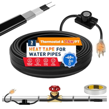 3~100FT Heat Tape for Water Pipes, UL & ETL Certified 3 FT Self-Regulating Pipe Heating Cable with Thermostat for Pipe Freeze Protection, Waterproof Heat Tape for Metal and Plastic Pipes,Black(1pcs) - color: Black, style: 3 FT