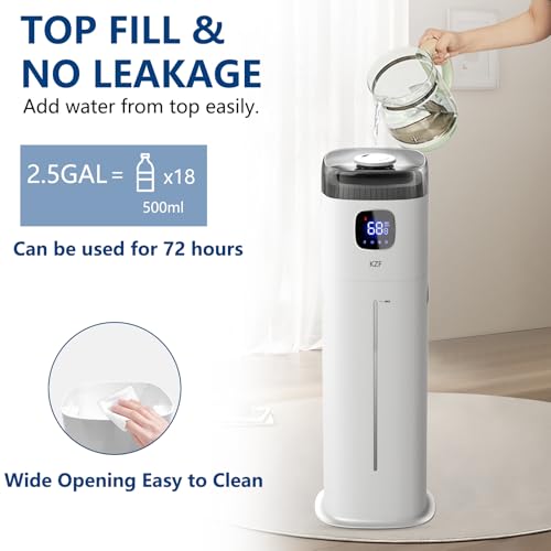 KZF Large Humidifier for Bedroom, 9L/2.5Gallon Ultrasonic Cool Mist Humidifier with Humidistat, 360°Nozzle, 350ML/H Big Mist Level, Suitable for Kids Room Livingroom Yoga Office Plant，White - color: White