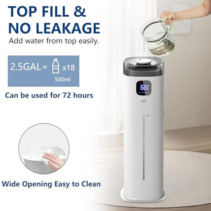 KZF Large Humidifier for Bedroom, 9L/2.5Gallon Ultrasonic Cool Mist Humidifier with Humidistat, 360°Nozzle, 350ML/H Big Mist Level, Suitable for Kids Room Livingroom Yoga Office Plant，White - color: White