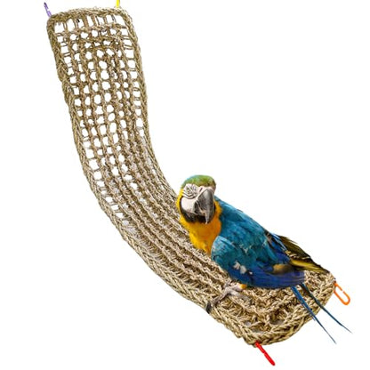 Bird Seagrass Mat 39.4×7" Long Natural Macaw Woven Net Hammock Hanging on Parrot Cage with Hooks Climbing Ladder Swing Chew Toys for Cockatoo Large Parrot Supplies - size: 39.4" × 7"
