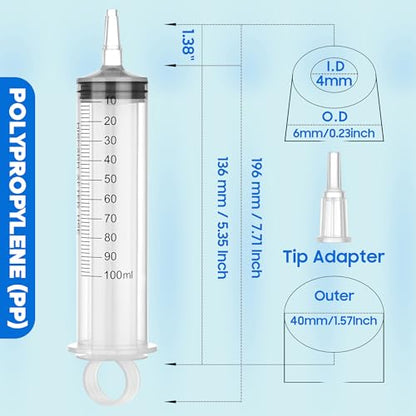 100ml/cc Syringes with Tube 40 Inch Handy Plastic Tubing and Adapter Tip | for Liquid, Refilling Measuring, Dispensing Watering, Plant Irrigation, Feeding Pets, Oil or Glue Applicator - size: 100ML/CC