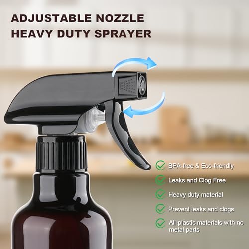 12oz/350ml Plastic Spray Bottles 1 Pack, Adjustable Mist/Stream | Refillable heavy duty spray containers for plants, cooking, hair care and household cleaning - color: 12oz-Brown