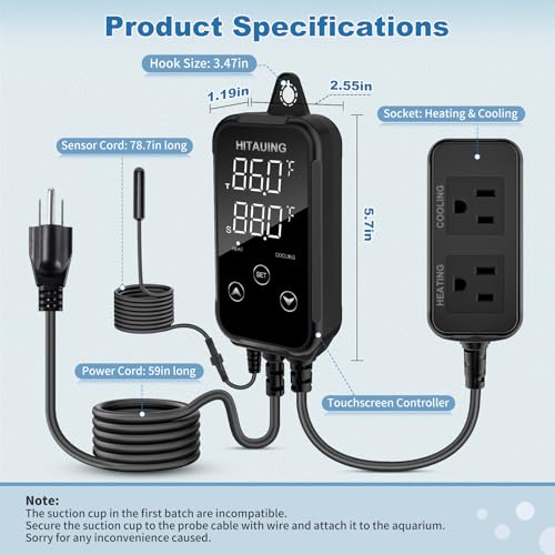 HiTauing Digital Temperature Controller, Aquarium Heater Reptile Thermostat Heating and Cooling Dual Outlet with Seawater-Resistant Probe for Fish Tanks, Reptile Tanks, Greenhouse & Seedling Mat