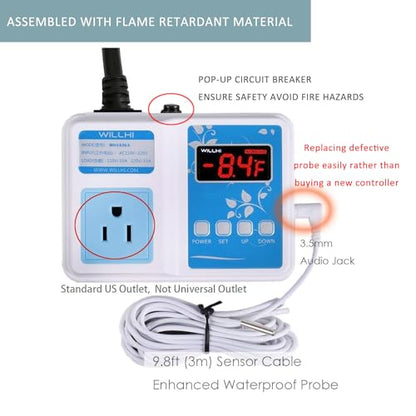 WH1436A 10A Temperature Controller 110V | Digital Thermostat Switch Sous Vide Controller NTC 10K Sensor Improved Version