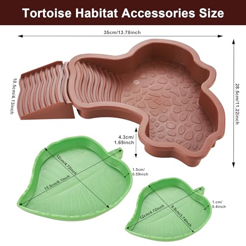 3PCS Tortoise Water Dish with Leaf Reptile Food Dish, Reddish | Anti-slip Reptile Bathing Pool with Ramp, Smooth Tortoise Water Dish Turtle Pool for Lizard Gecko Snake Frog Amphibians - color: Reddish Brown