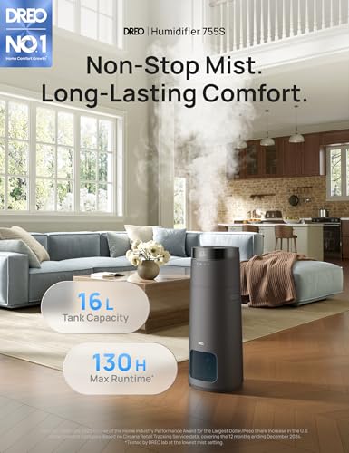 DREO 16L Smart Humidifier Large Room 1000 ft², 130H Runtime, 30dB, Top Fill | Auto Mode, Remote/Touch/Voice & APP Control, Clean Tank Technology, RGB Light, Cool Mist Humidifiers 755S for Bedroom, Grey - color: Grey