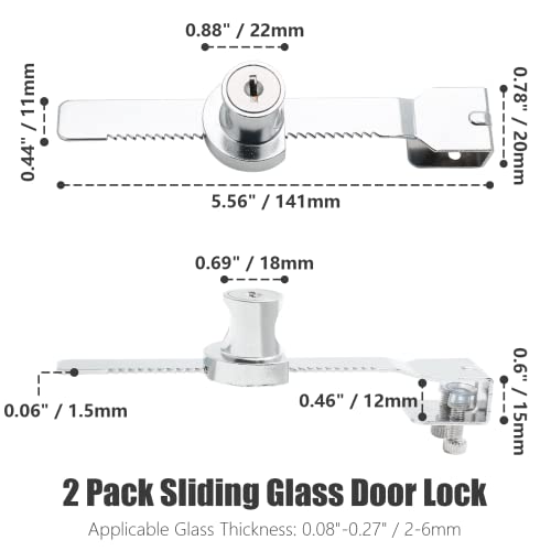 4 Pack Sliding Glass Door Lock, Keyed Alike Showcase Display Case | Zinc Alloy Chrome-Plated, Fits 2-6mm Glass, 8 Keys Included, For Terrarium Vivarium Retail Cabinet - size: 5.56 inch / 141mm - 4 Pack