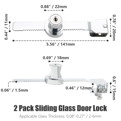 4 Pack Sliding Glass Door Lock, Keyed Alike Showcase Display Case | Zinc Alloy Chrome-Plated, Fits 2-6mm Glass, 8 Keys Included, For Terrarium Vivarium Retail Cabinet - size: 5.56 inch / 141mm - 4 Pack