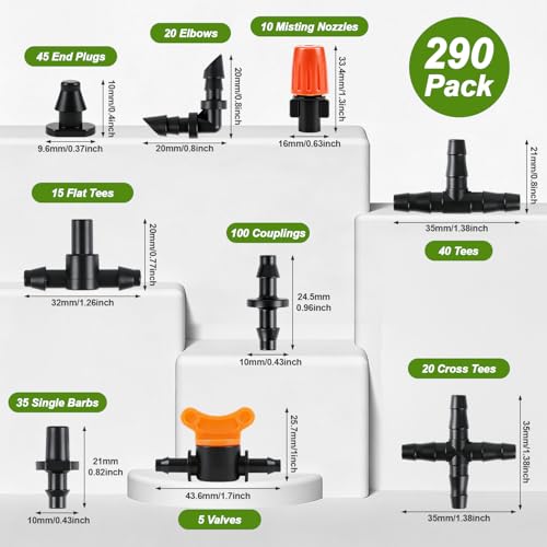RedChili 290 Pack Drip Irrigation Fittings Kit for 1/4" Tubing, Complete Set with Barbed Connectors (Misting Nozzles, Flat Tees, Single Barbs, Valves, Couplings, Valves, Tees, Elbows, Plugs, Crosses) - size: 1/4" Connection Kit-290P