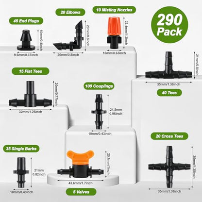 RedChili 290 Pack Drip Irrigation Fittings Kit for 1/4" Tubing, Complete Set with Barbed Connectors (Misting Nozzles, Flat Tees, Single Barbs, Valves, Couplings, Valves, Tees, Elbows, Plugs, Crosses) - size: 1/4" Connection Kit-290P