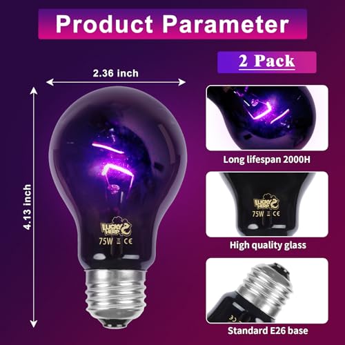 LUCKY HERP Reptile Heat Lamp 75W 2 Pack, Reptile Night Heat Bulb, Reptiles & Amphibians Basking Spot Light Bulb for Bearded Dragon, Lizard, Snake, Turtle, Chameleon