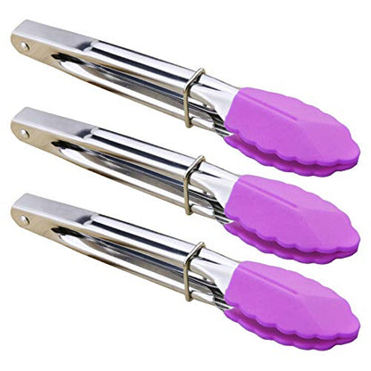 HINMAY 7-Inch Stainless Steel Tongs with Silicone Tips, Set of 3 (Purple) | 7-Inch Locking Metal Food Tongs - color: Purple