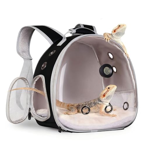 Bearded Dragon Backpack Carrier w/Reptile Thermometer Hygrometer, Clear Bubble Window Astronaut Space Capsule Travel Bag for Leopard Gecko, Ball Python, Lizard, Hermit Crab, Spider, Guinea Pig - color: Black