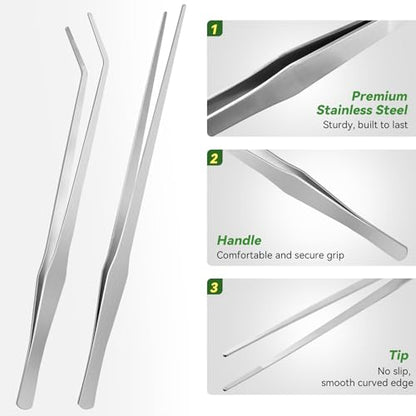 Long Tweezers for Aquarium 15 inch - 2 Pcs Stainless Steel Reptile Feeding Tongs, Curved and Straight Design with No Slip Tips,Terrarium Aquascape Tools Snake Bearded Dragon Tank Accessories