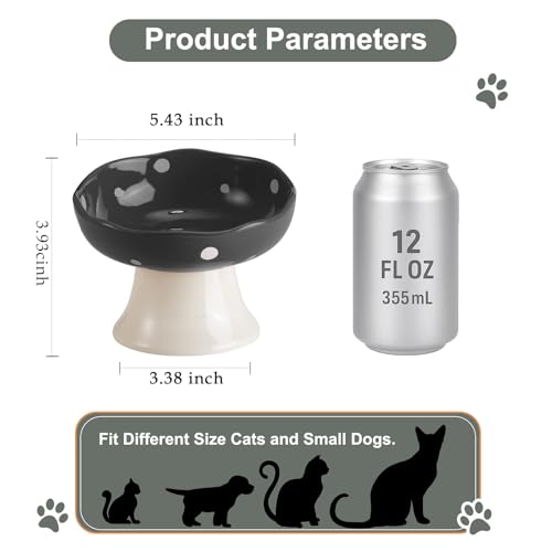 Black Mushroom Cat Bowl, Elevated Ceramic Bowl for Cats | Elevated, Ceramic, Whisker Friendly, Anti Vomitin,Cute Mushroom Design - color: Black
